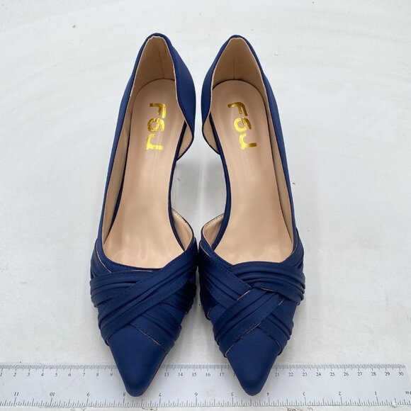 FSJ Navy Kitten Heels Pointed Toe Slip on Pumps D'Orsay Pleated Satin Dress Shoe - Picture 3 of 8